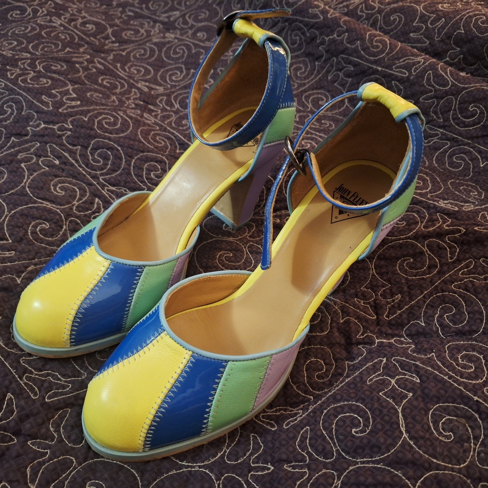 John Fluevog Multicolor Striped Leather Block Heel Pumps